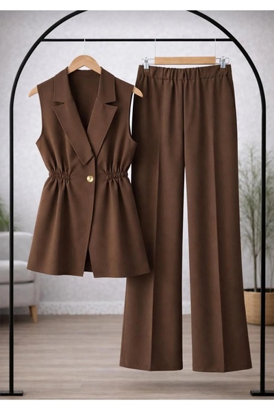 MODA VEDAT Women's Waist Drawstring Button Detailed Trouser Suit -0550