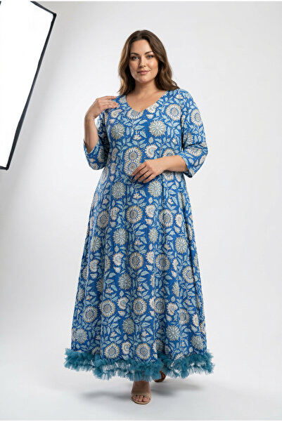 OEM Long dress with ruffles in hand-printed Cotton