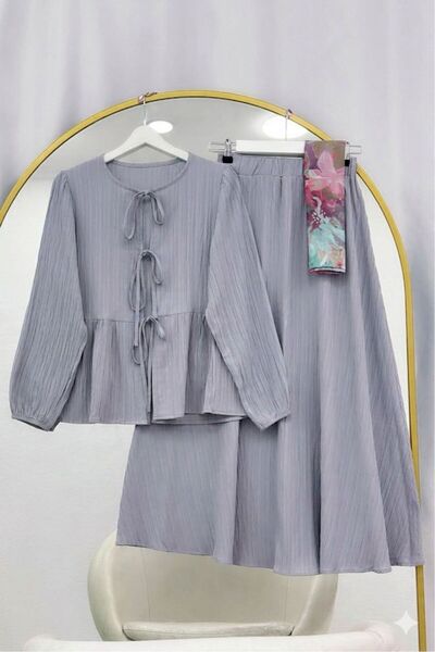 VOLT CLOTHİNG Tie-Front Elastic Sleeve Skirt Suit