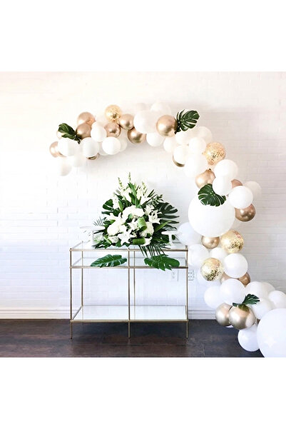 Partihane White Gold Chrome Leaf Confetti Chain Balloon Set 5m