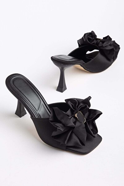 Dilimler Ayakkabı Women's Thin Heeled Slippers Black Satin with Big Bow
