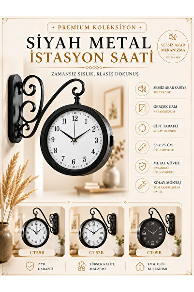 KOLAYEV Siyah Metal Çift Taraflı İstasyon Saati 36x25 Cm Sessiz Mekanizma Duv...
