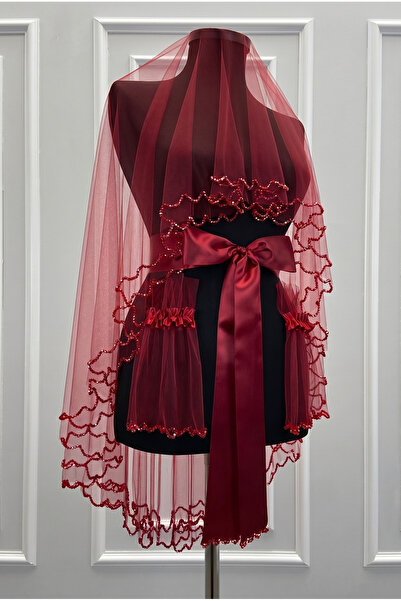 ZEYMERADE Burgundy Bridal Veil Set, Sparkling Double Row Crystal Stone Decora...
