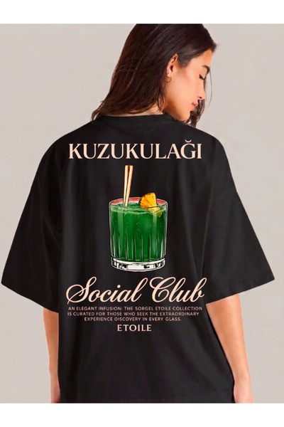 Kuzu kulağı Social Club Cocktail Baskılı Siyah Oversize Unisex Tişört