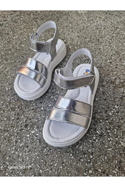 BAĞCILAR AYAKKABI Genuine Leather Orthopedic Sole Velcro Girls' Sandals Silver