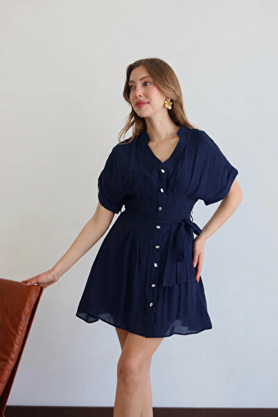Lusin Women's Navy Blue V-Neck Belt Detailed Stylish Buttoned Premium Quality...