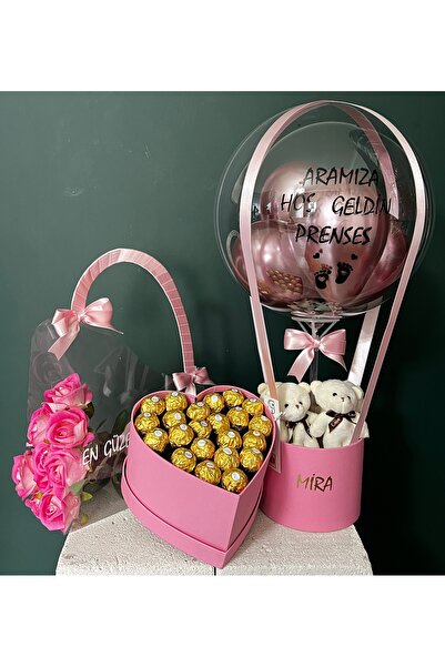 u&b teddy bear flowers Doğum Hediye Seti Pembe Balon Kutusu, Kalpli Kutuda Çi...
