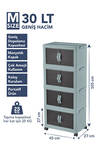 Lavine ”MEDIUM” 4 Katlı Portatif Dolap Organizer 30LT Çok Amaçlı Mıknatıs Kapaklı, Katlanır, Tekerlekli