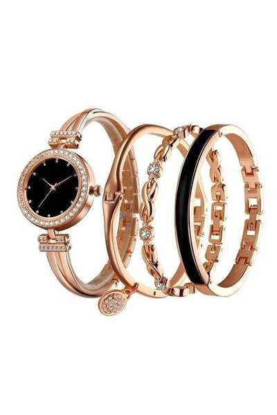 Yongsheng Women's Stainless Steel Analog Wristwatch With 3 Bracelets,Rose Gol...