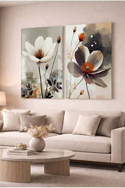 Zevahir Mobilya Dekorasyon Gray and White Floral Modern 2-Piece Decorative Gl...