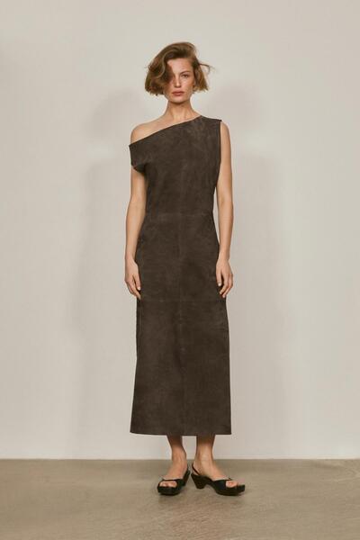 Massimo Dutti Asimetrik yaka süet deri midi elbise - LIMITED EDITION