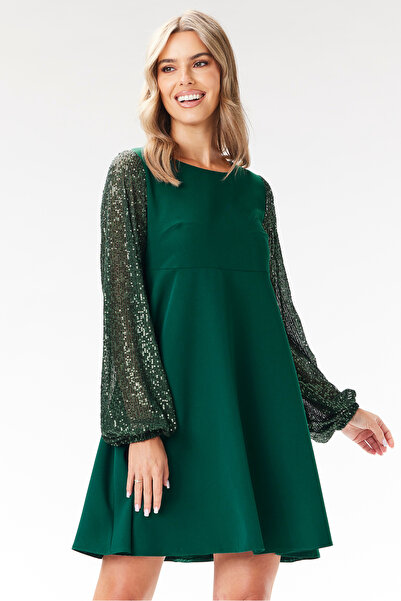 Awama Dress, awama, A694, sequined sleeve, bottle green, Polyester- Elastane,...