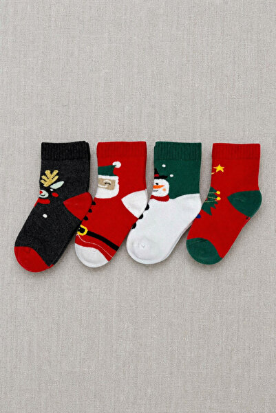 ZENGİN 4 Pairs of Winter Thermal Children's Socks with Christmas Pattern Seam...