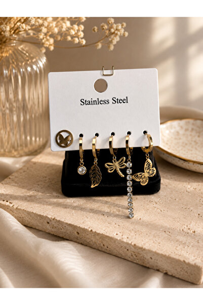 HERALDİS Non-Tarnish Steel Butterfly and Leaf Figured Multiple Earring Set