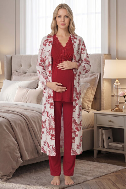 BLACKMORE Women's Cherry Lace Detailed Cotton Maternity Pajama Set, 3-Piece Set