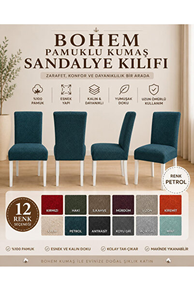 İLYEVTEKSTİLİ Bohem Pamuklu Esnek Standart Sandalye Kılıfı, Yıkanabilir, Doku...