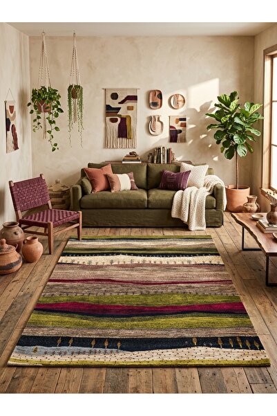 Rugs Modern Halı SDT Soyut Manzara Desenli Yeşil ve Bordo Toprak Tonlu İskand...