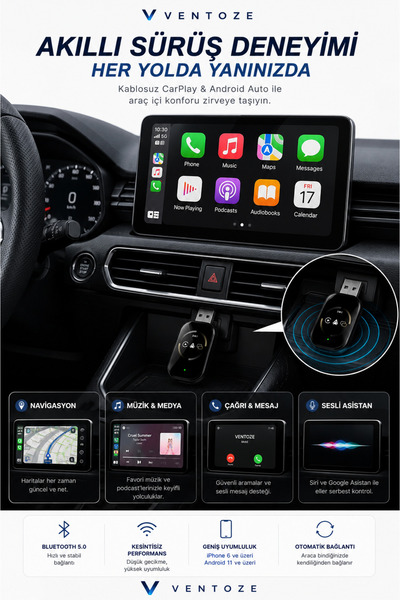 Ventoze Kablosuz CarPlay ve Android Auto Dönüştürücü Adaptör Oto Multimedya Çevirici Smart USB