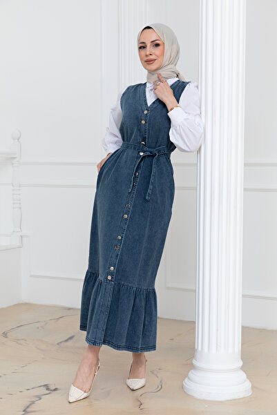 AVA LIFE STORE Kuşaklı Düğmeli Denim Tesettür Jile Elbise