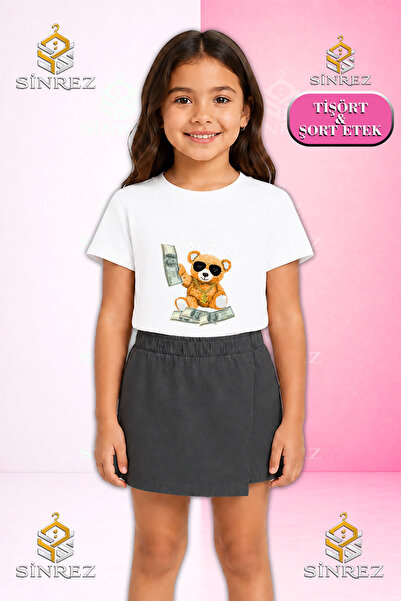 SİNREZ Girl's Set Ayicik Take It White Printed Short Sleeve T-Shirt Shorts Skirt