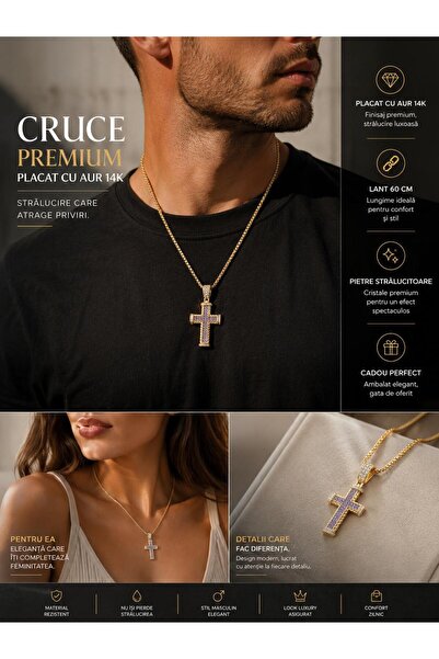 OEM Colier Cruce Placat cu Aur 14K pentru Barbati, Pietre Mov Zirconiu, Lant ...