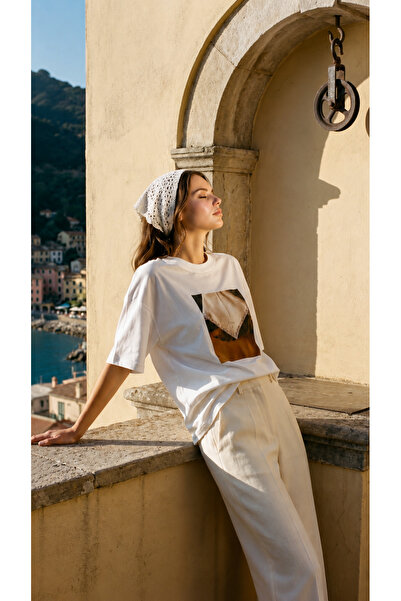 Amia&Co. Tricou de damă alb, vintage, cu imprimeu artistic, supradimensionat,...