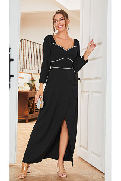 Independent Black Evening Dress with Long Sleeves and Glittering Details
