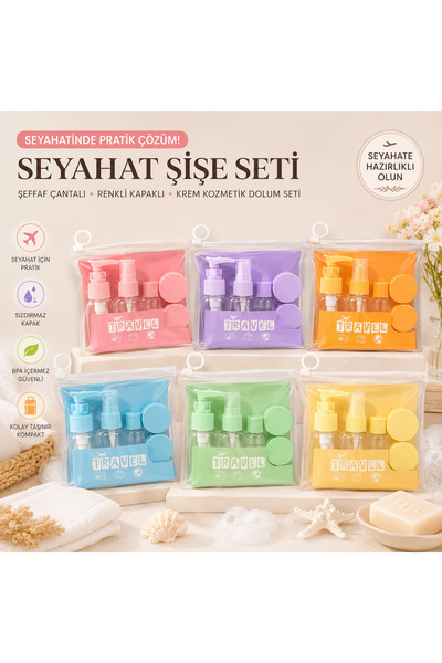 beneficio 1 Adet 6 Parça Seyahat Şişe Seti Şeffaf Çantalı Renkli Kapaklı Krem...
