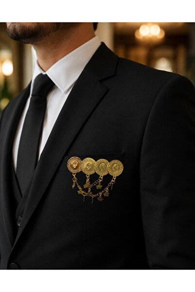 xesha Gold Renk Kaplama 4 Çeyrek Zincirli Yaka Broşu - Erkek Kadın Gömlek Cek...