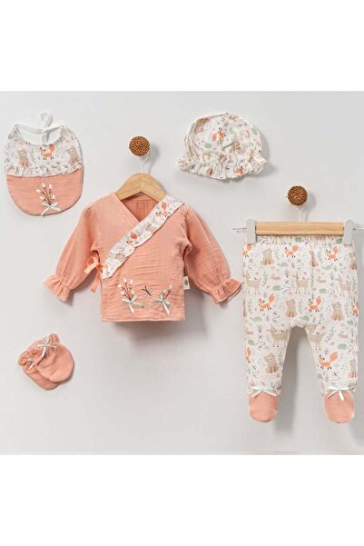Melomio Baby Kids طقم بنات من 5 قطع بتصميم ثعلب الموسلين بلون السلمون
