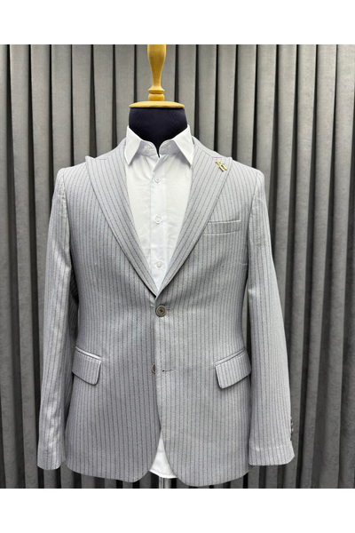 Avni Ceylan Men's Gray Burgundy Striped Single Button Blazer Jacket