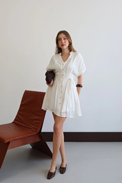 Lusin Women's White V-Neck Belt Detailed Stylish Buttoned Premium Quality Lin...
