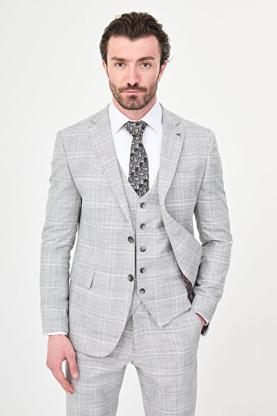 Mcr Plaid Slim Fit Mono Collar Classic Men's Suit Black - 45466.26Y