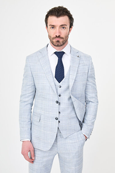 Mcr Plaid Slim Fit Mono Collar Classic Men's Suit Navy Blue - 45466.26Y