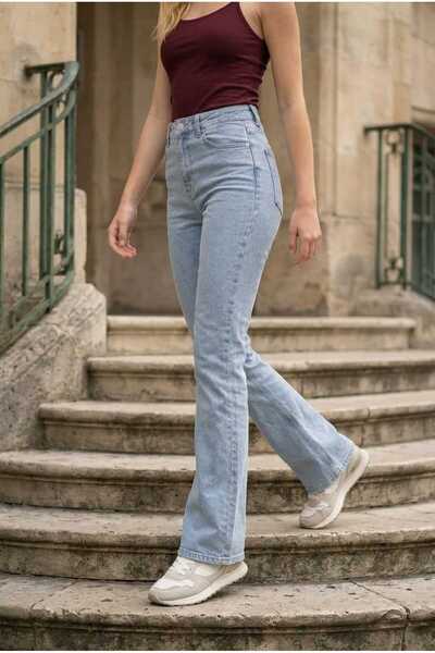 we-rayss Yüksel Bel Likralı Buz Kar Lacivert İspanyol Paça Jeans-Pantolon Sez...