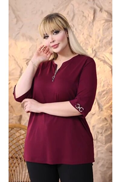 Mügerella Büyük Beden Şık Günlük Kadın T-shirt Fermuar Detaylı Modern Kesim B...