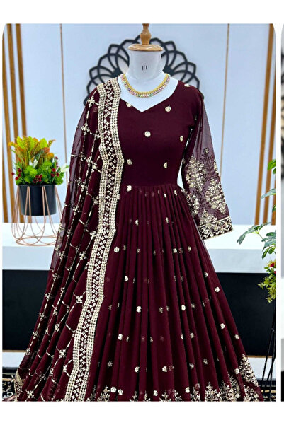 MYSMAR Maroon Faux Georgette Gown -TRNN3438|Maroon