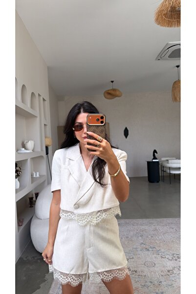 Buket Teke Set de jachetă și pantaloni scurți din dantelă, model ZR, din in bej