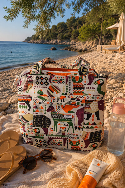 MIORA BAG Etnik Figür Desenli Ön Cepli Plaj Çantası- Duck Kumaş