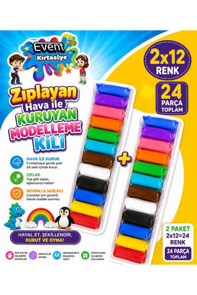 EVENT Zıplayan Hava ile Kuruyan Modelleme Kili 12 Renk 24 Parça Çocuklar İçin...