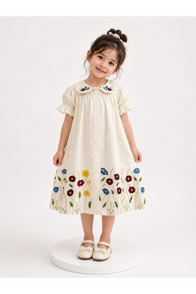 Shiladon Girls Linen Dress with Floral Embroidery