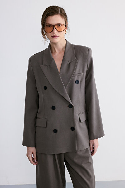 FACETTE Rufe Blazer oversize la două rânduri de nasturi, culoare nurcă