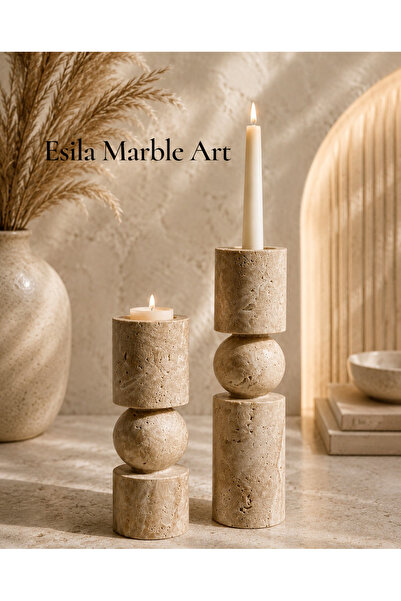 ESİLA MARBLE Modern Traverten Mumluk Seti – Doğal Taş Dekoratif Şamdan & Teal...