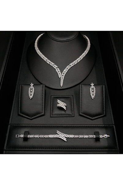 Generic 4 Piece Crystal Jewelry Set for Women - Gold & Silver Tone Leaf Neckl...