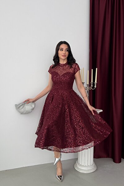 Serica Moda Bordo Omuz Detaylı Dantel İşlemeli Payetli Midi Abiye Elbise