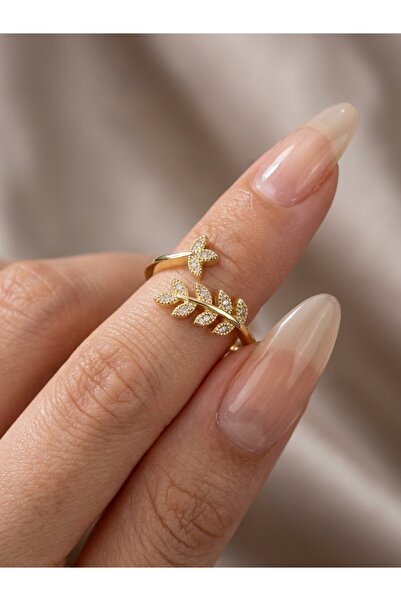 EKİDORA Stylish Laurel Leaf Patterned Adjustable Women's Steel Ring Gold