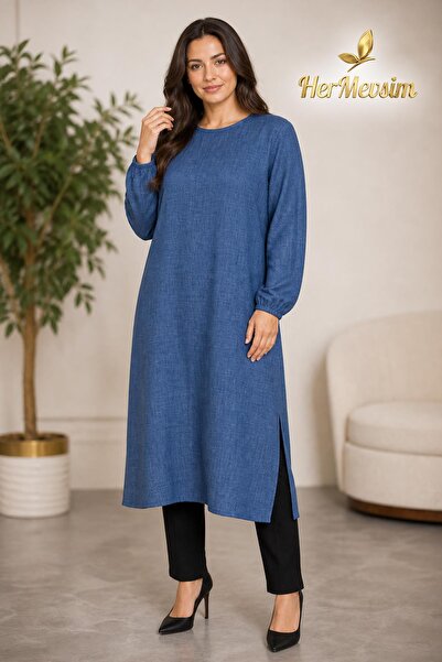 Hermevsim Missbah Women's Efnan Linen Basic 115cm Long Blue Tunic with Side S...