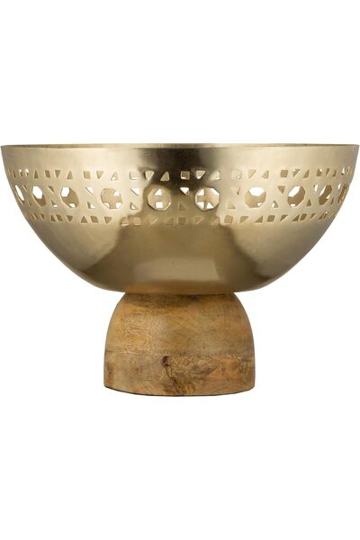 ALSAIF Al Saif Gold Metal Serving Bowl with Wooden Base, 26x26x18 cm