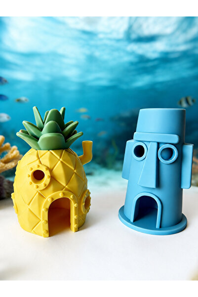 LİYA3D Sünger Bob Ananas Ev & Squidward Moai Akvaryum Dekoru Seti – PETG Malz...