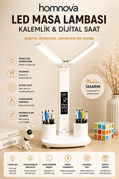 Homnova LED Masa Lambası Kalemlikli Dijital Saatli Dokunmatik Çalışma Lambası...